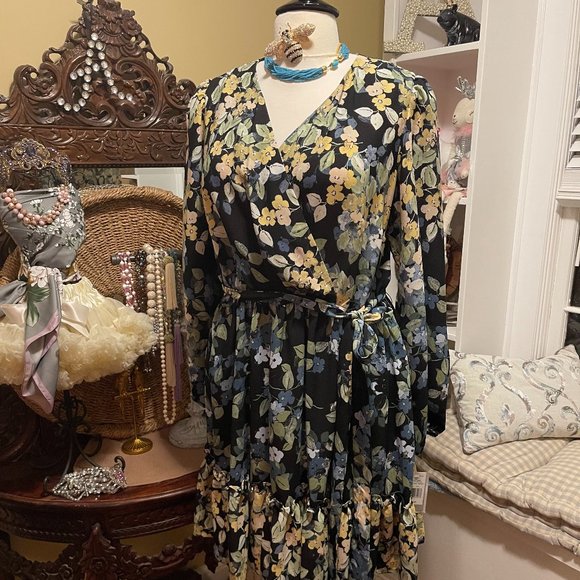 NWT Bleeker 126 22W Dress - Black with soft muted Blues & Greens with Yellow - Picture 2 of 16